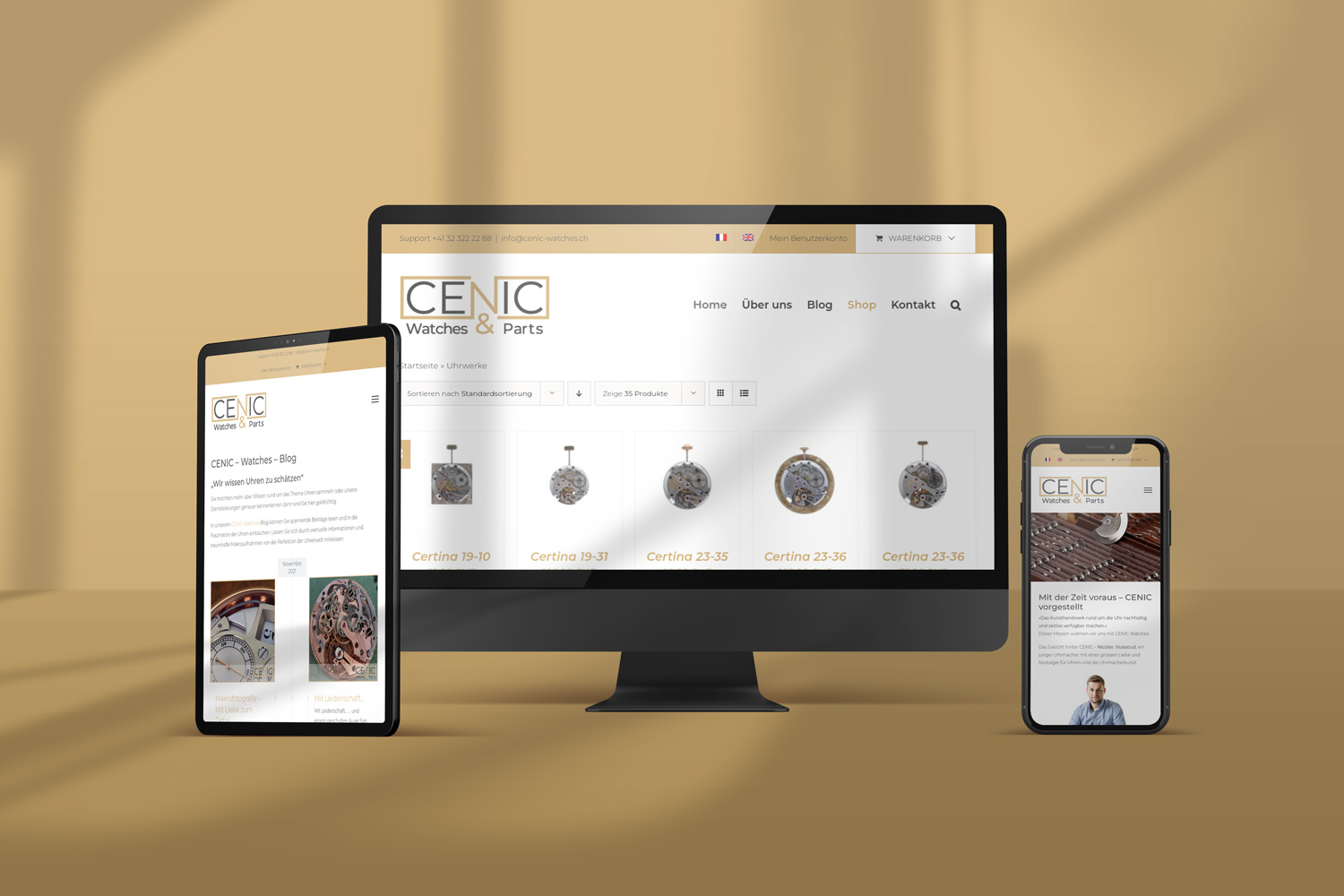 Onlineshop für Uhrenersatzteile, CENIC Watches & Parts Responsive Webdesign für CENIC Watches & Parts auf Tablet, Desktop und Smartphone vor beigem Hintergrund.