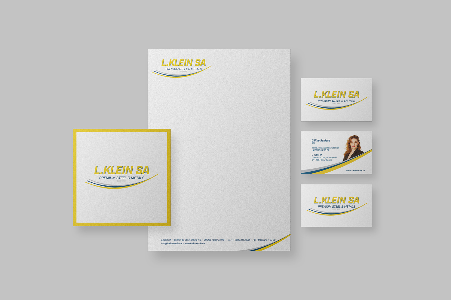 Komplette Geschäftsausstattung für L. Klein SA, von Kreativloft GmbH gestaltet Briefpapier, Visitenkarten und Notizkarten von L. Klein SA im neuen Corporate Design