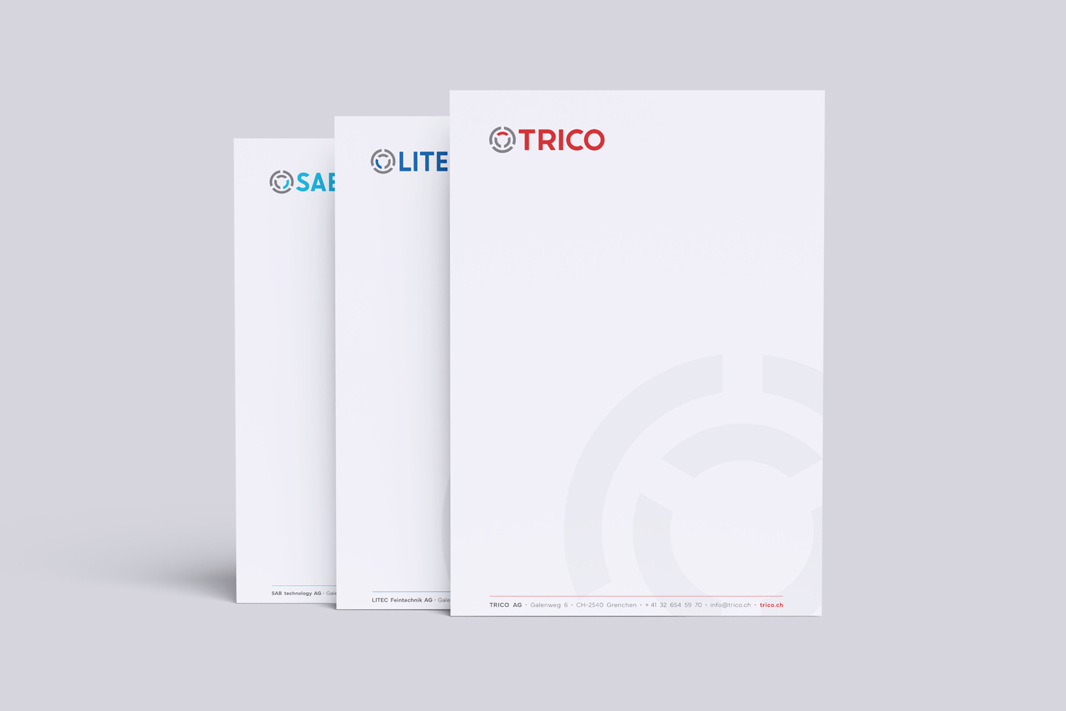 TRICO GROUP Grenchen, SAB, LITEC, TRICO – Einheitliche Geschäftsausstattung Briefschaften und Geschäftspapier Design für TRICO, SAB und LITEC, Corporate Design von Kreativloft GmbH