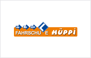 Logo der Fahrschule Hüppi in Orange und Blau mit stilisierten Verkehrsschildern und L-Symbol.