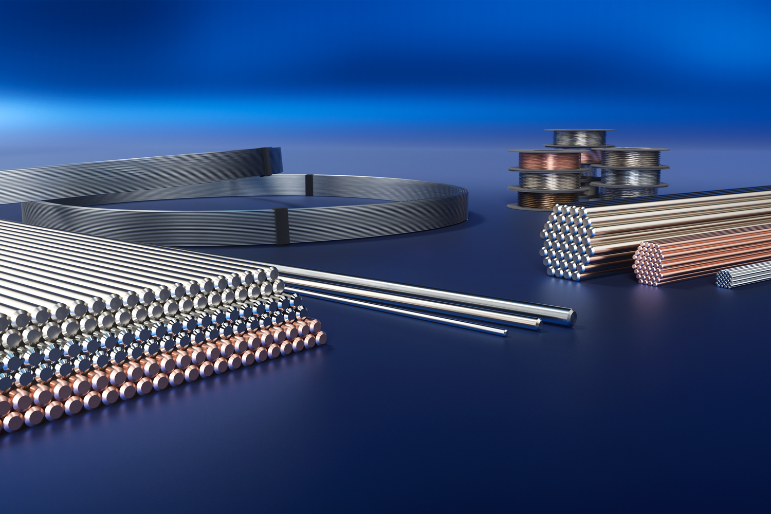 Fotorealistisches 3D Rendering von Metallmaterialien wie Stahlstäbe, Kupfer- und Aluminiumprofile in industrieller Produktvisualisierung.