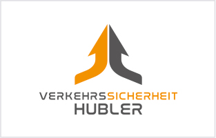 Logo von Verkehrssicherheit Hubler in Grau und Orange mit stilisiertem Strassen- bzw. Sicherheits-Symbol.