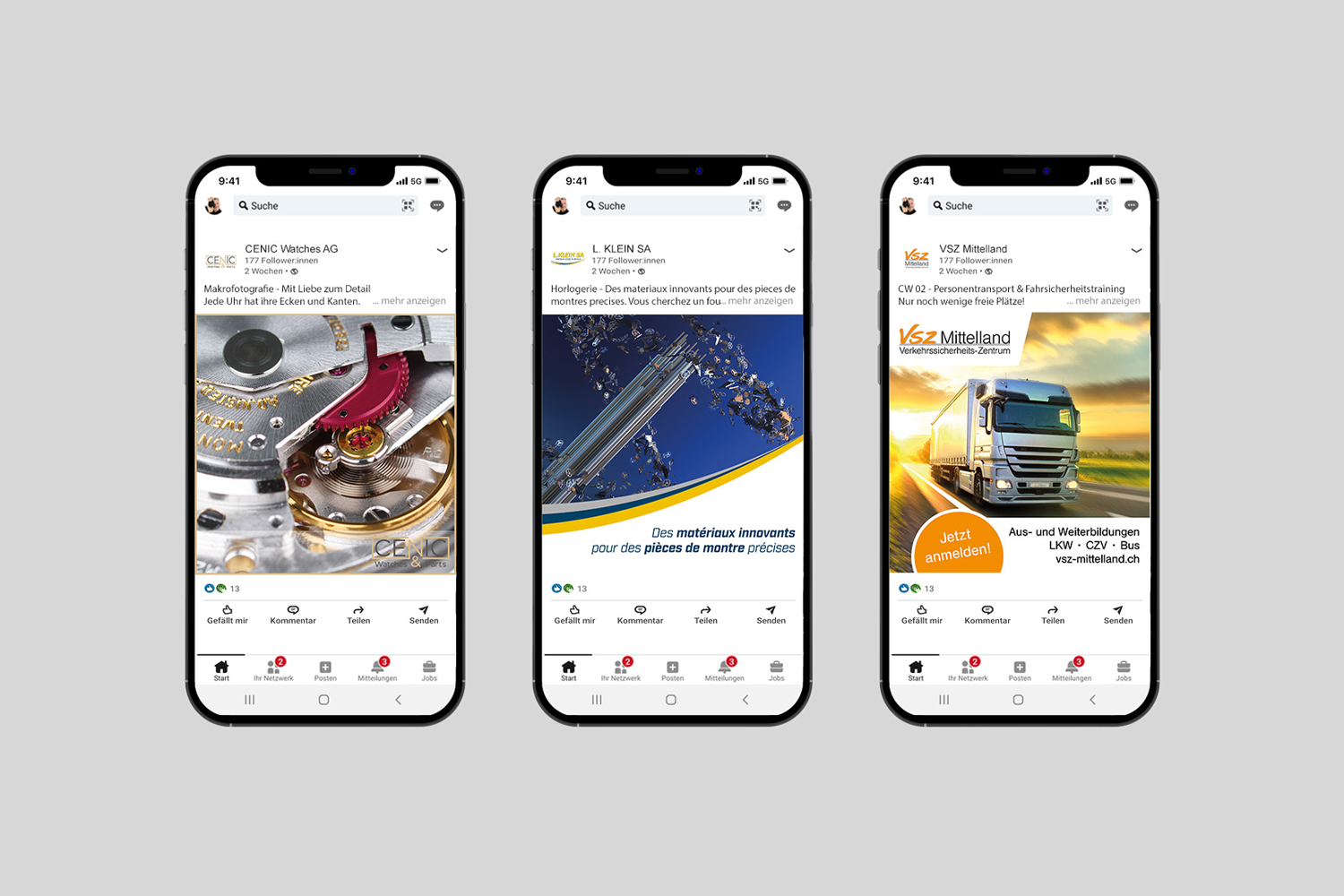 LinkedIn Social Media Ads Mockups auf Smartphones – Kampagnen für Uhrenindustrie, Präzisionsmaterial und Verkehrssicherheits-Zentrum, umgesetzt von Kreativloft GmbH Werbeagentur Solothurn.
