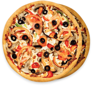 Runde Pizza mit geschmolzenem Käse, Oliven, Tomaten und Paprika auf transparentem Hintergrund.